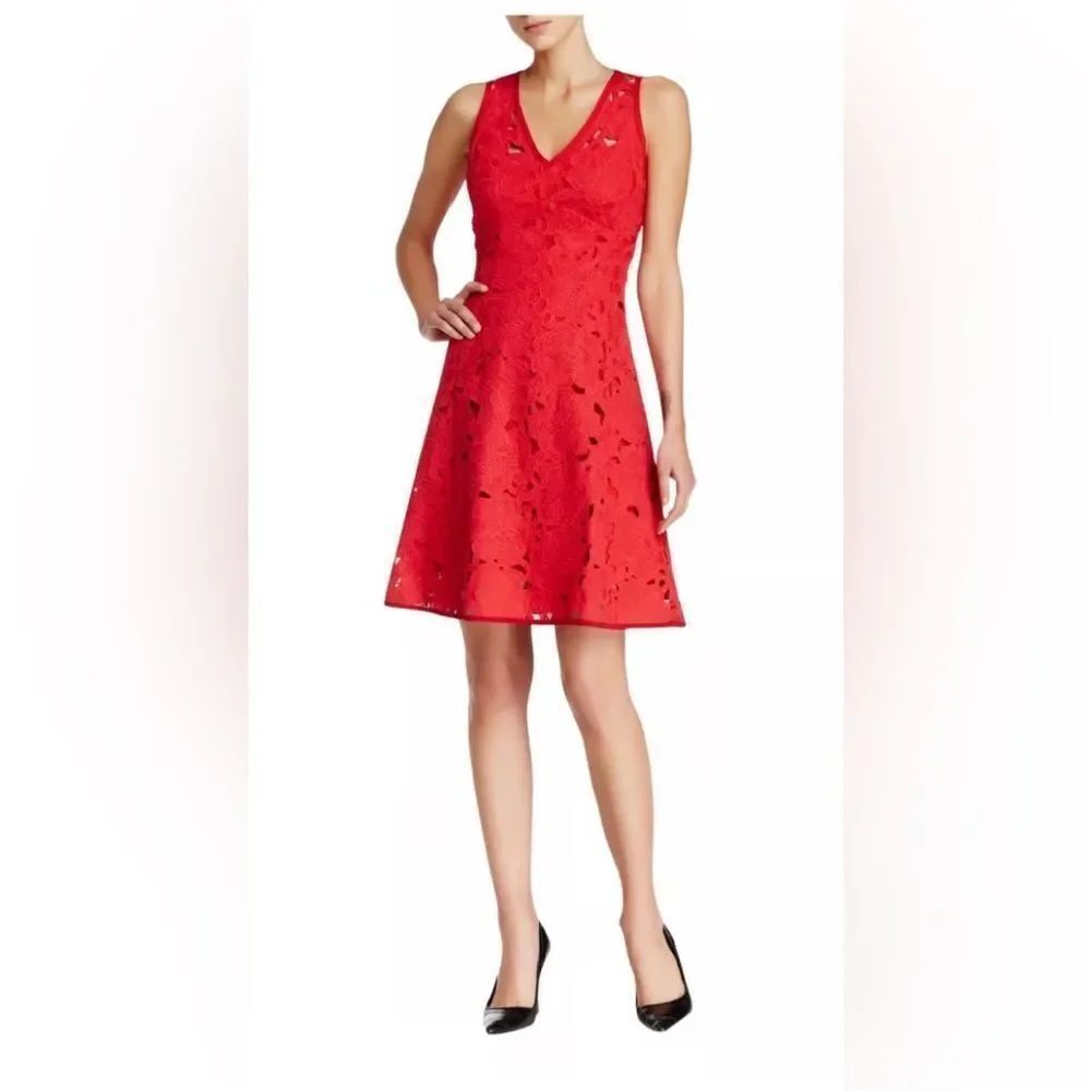Nanette Lepore red A-Line floral lace cut-out sleeveless dress spring cocktail 4
